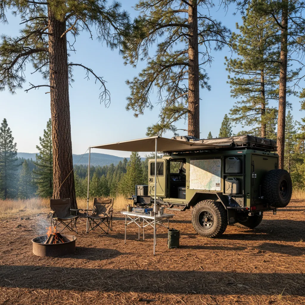 Rugged overland trailer campsite setup