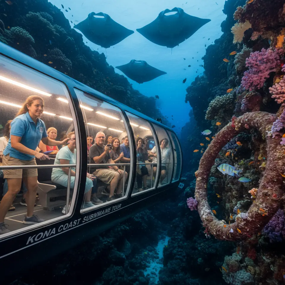 Kona Coast Submarine Tour: a sleek mini-submarine with floor-to-ceiling acrylic viewing panels gliding through volcanic coral canyons at dusk, manta rays drifting overhead under soft interior lighting, with a marine biologist pointing out reef fish and lava tube formations