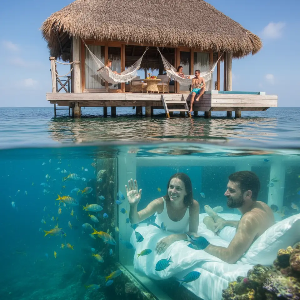 Underwater Floating Villa at The Manta Resort, Pemba Island: a submerged glass-walled bedroom sitting four meters below the ocean surface, schools of colorful reef fish and bioluminescent plankton swirling outside, paired with a sunlit deck above water featuring hammocks and a private plunge pool