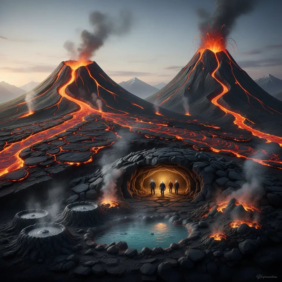 Cross‐sectional visualization of volcanic phenomena showing magma rising from the mantle into both a smooth, broad shield volcano and a steep stratovolcano, with glowing lava flows, steaming fumaroles, bubbling mud pots, a hot spring pool, and an illuminated lava tube tunnel with explorers inside