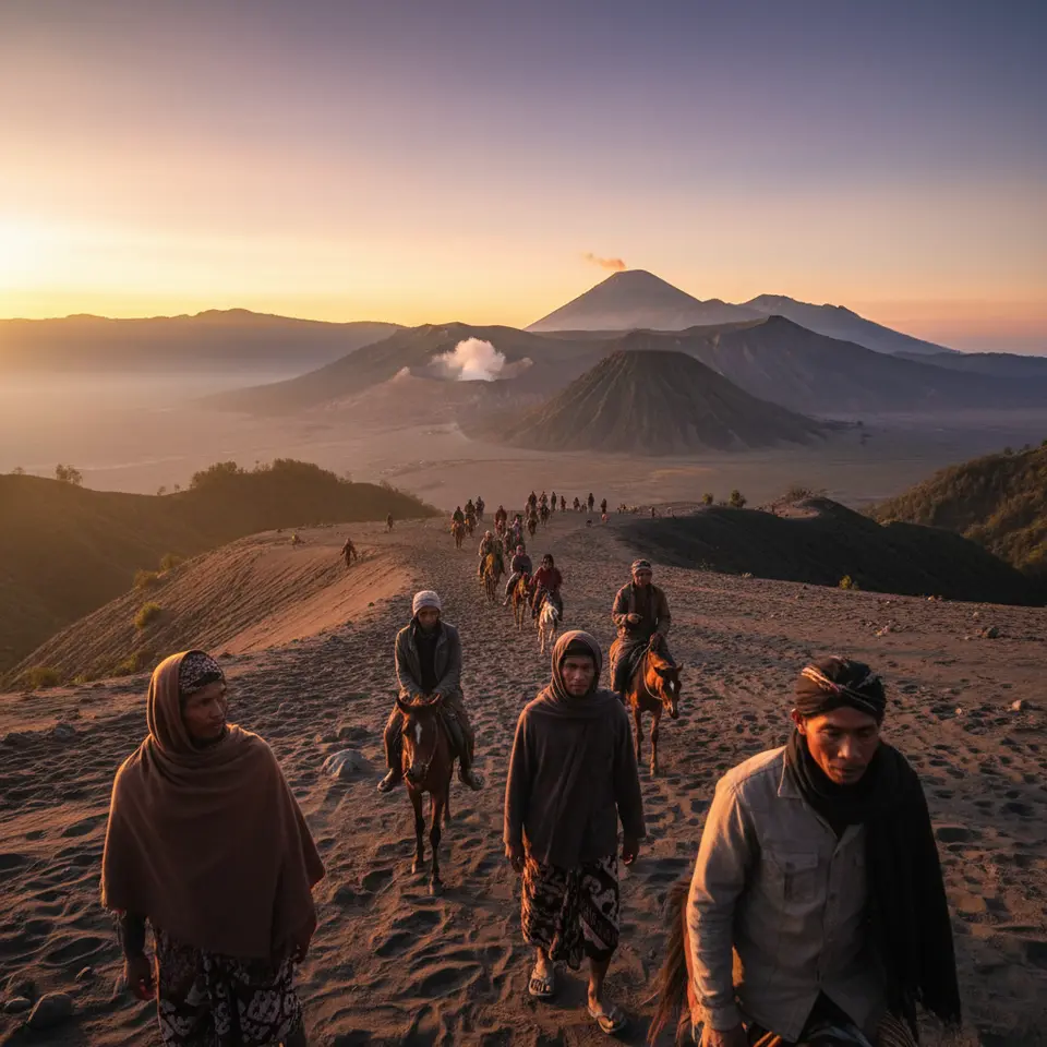 Sunrise panorama at Mount Bromo, Indonesia: horse riders and Tenggerese pilgrims trekking across the black sand Sea of Sand toward the smoking crater rim, bathed in warm dawn light with ash-covered slopes and distant volcano silhouettes