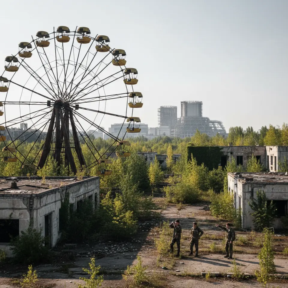 Abandoned Industrial Disaster Site: A wide-angle view of the overgrown, decaying amusement park in Pripyat, Ukraine—with a rusted Ferris wheel, cracked concrete buildings overtaken by vegetation, and the looming, partially enclosed Chernobyl reactor structure in the hazy background—to convey the eerie aftermath of the nuclear catastrophe.