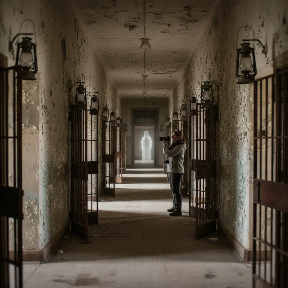Haunted Asylum Corridor: A dimly lit, narrow hallway inside the Trans-Allegheny Lunatic Asylum, featuring peeling paint, iron-barred cell doors, flickering oil lanterns casting long shadows on cracked walls, and a faint, ghostly silhouette at the corridor’s end for a chilling, supernatural atmosphere.