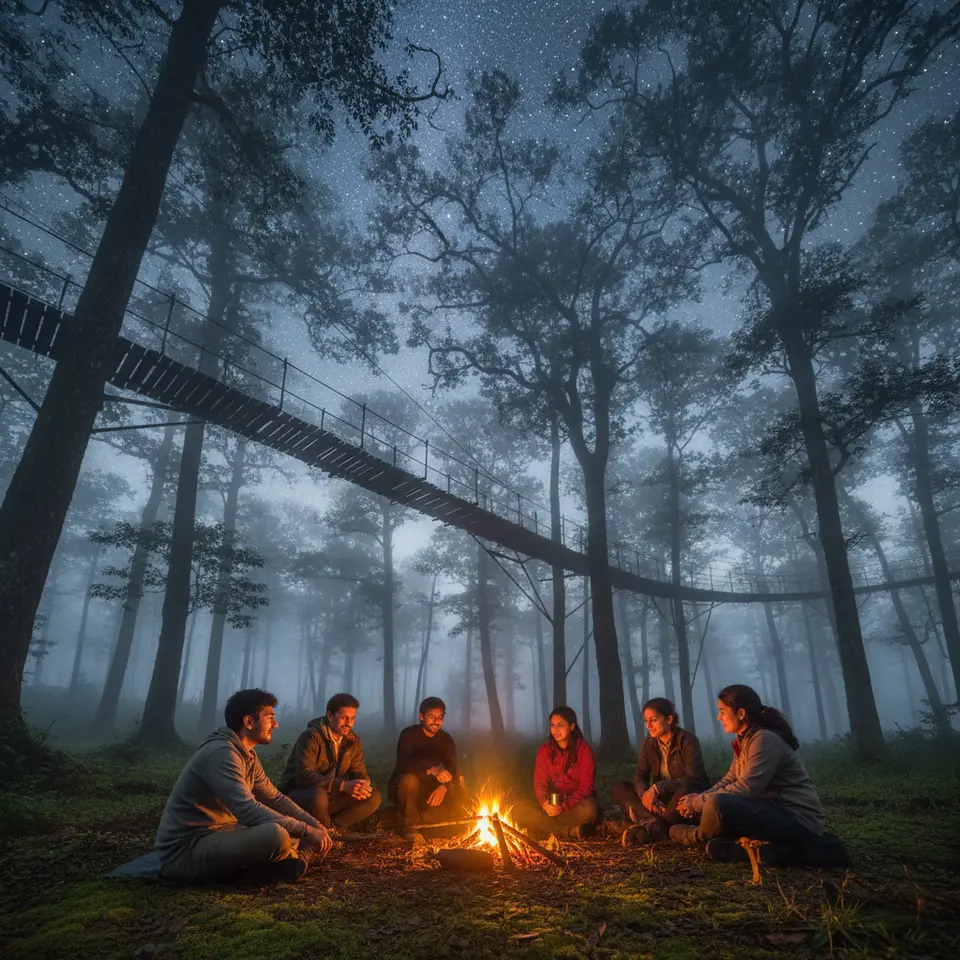 Silent Valley National Park, India: A mist-shrouded rainforest in Kerala’s Western Ghats with a suspended canopy walkway winding through towering trees, campers gathered around a crackling fire under a starry sky