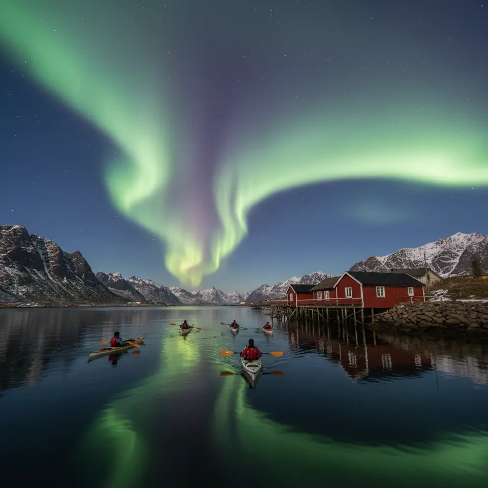 Lofoten Islands, Norway: Traditional red rorbu cabins perched beside a serene fjord, kayakers gliding in near-midnight twilight while the green and purple aurora borealis dances overhead