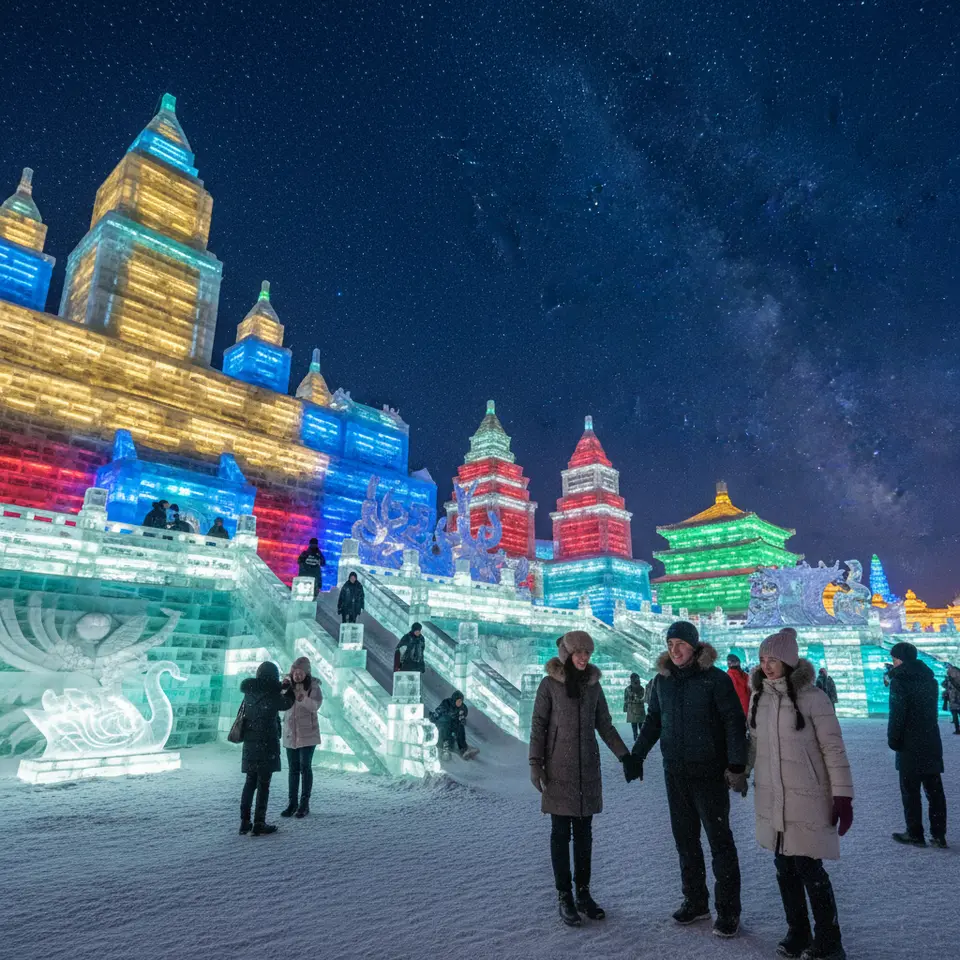 Nighttime Harbin Ice and Snow Festival: a dreamlike landscape of towering ice palaces and intricate sculptures illuminated by vibrant colored projections, visitors bundled in thermal coats and gloves exploring ice slides and snow art under a starry winter sky