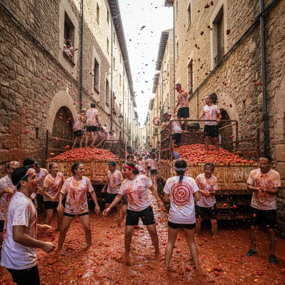 La Tomatina in Buñol, Spain: a sunlit medieval street flooded with bright red tomato pulp as revelers in goggles and old clothes gleefully hurl squashed tomatoes at one another, walls and cobblestones drenched in juice, capturing the wild, messy energy of the world’s largest tomato fight
